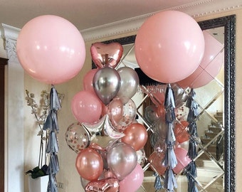 Balloon Bouquet, Pink Silver Balloons, Baby, Wedding Decor, Bride,  Birthday Decorations, Garland, Foil Heart, Tissue Tassel Tail, Confetti