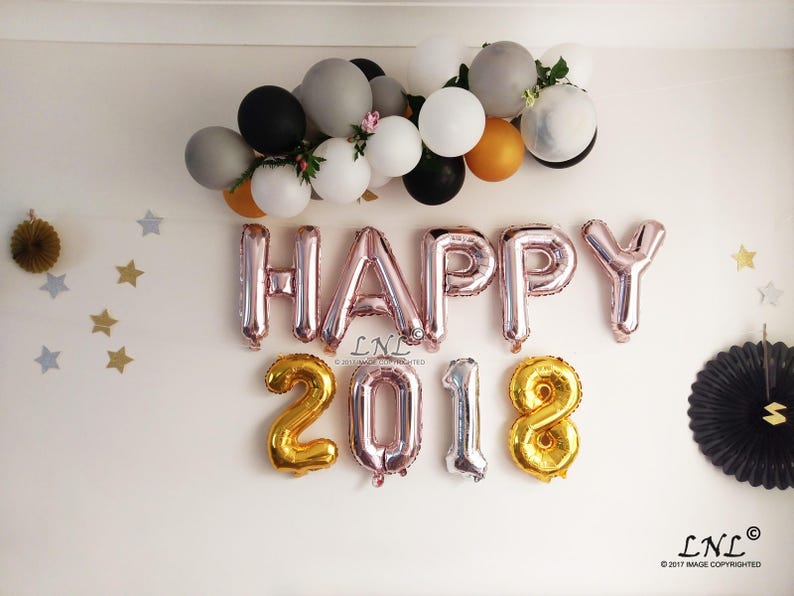 christmas garland letters Happy 2018 custom name numbers phrase gold silver new year banner rose gold balloons balloon banner