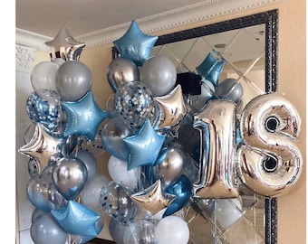 Blue Silver Balloon Bouquet, Party Balloons, Happy 18th Birthday Decorations, Silver Numbers, Decor, Boys Garland, 16, 21 Not Inflated