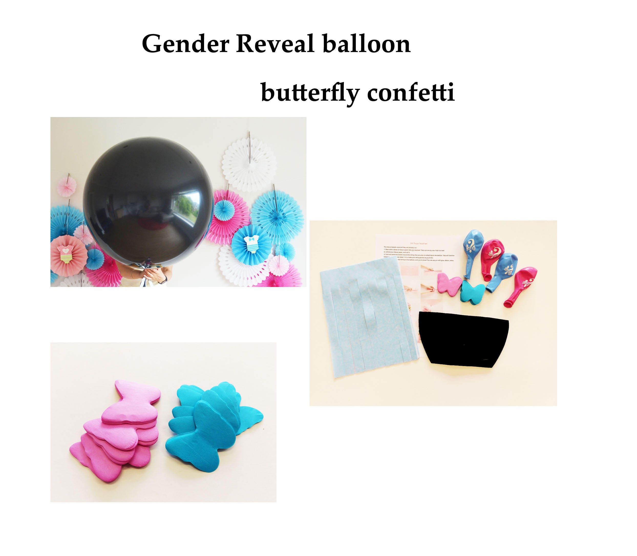 Black Balloon Butterflye xl Blue Pink, Baby Shower, DIY tail, Gender Reveal Balloon, Boy Girl, elephant balloon bouquet