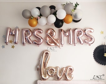 Mrs and Mrs Rose Gold Love Script | Gold Balloons | Silver Balloons | Wedding | Letters | Bridal | Balloon Banner | Arch | Phrase | Custom