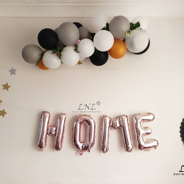 Home rose gold balloons, garland, wedding balloons, balloon banner, gold, silver, welcome home, mylar balloons, birthday, phrase, custom