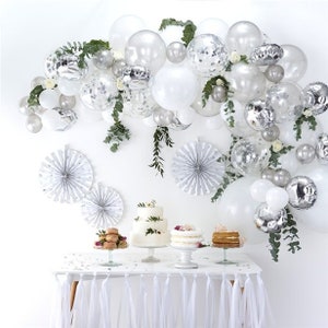 Guirlanda de balão prateado, kit de arco de balão, balões brancos, kit de nuvem de balão, balões de casamento, decorações de chá de bebê, festa de despedida, pano de fundo