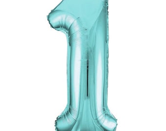 Può includere: Un grande palloncino di numero uno di colore azzurro chiaro in lamina.