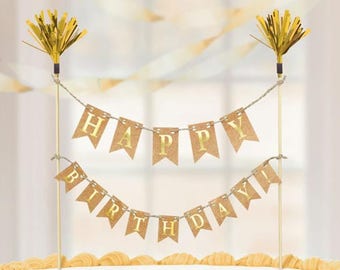 Cake Topper,  Happy Birthday Cake Topper, Kraft Flags, Frills, Cake Picks Topper, Gold Cake Topper, Rustic Banner, Happy Birthday Bunting