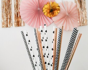 Paper Straws, Rose Gold Straws, Black, Party, Birthday, Wedding, Vintage, Bridal, Chevron, Baby, Straws, Gatsby, Heart, New Year