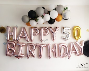 Happy 50 birthday gold balloons, rose gold letters, party banner, balloon garland, gold, silver, numbers, letters, custom, name, phrase