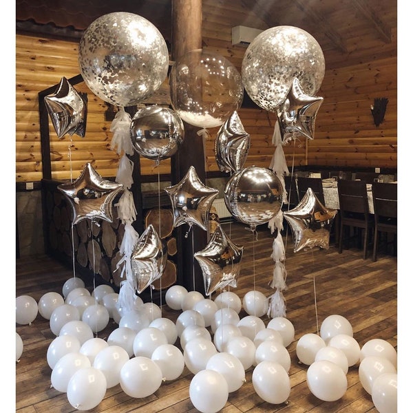 Silver Balloon Bouquet, Silver Confetti Baby, Wedding Decor, Bride, Birthday Decorations Garland Foil Stars, Tissue Tassel Tail Not Inflated