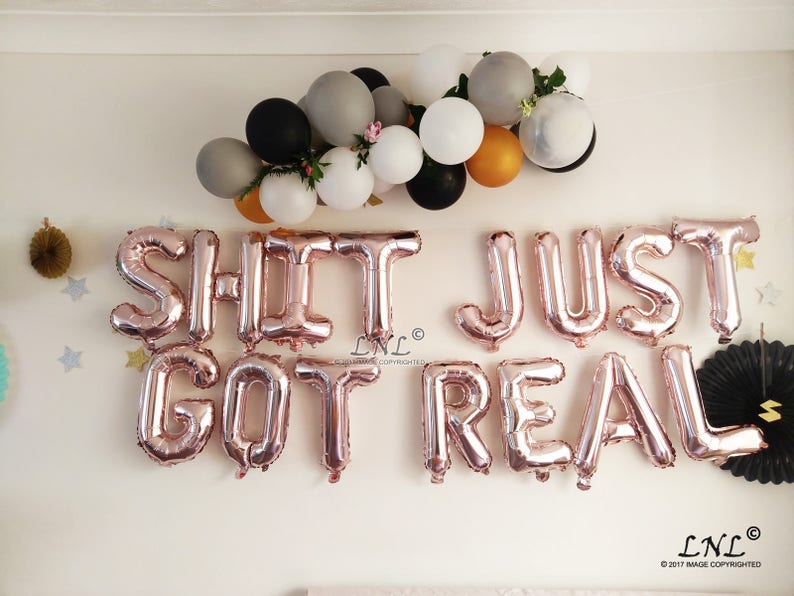 Bridal Letters Gold Balloons SHIT JUST got REAL Rose Gold Balloons Custom Wedding Phrase Balloon Banner Silver Balloons