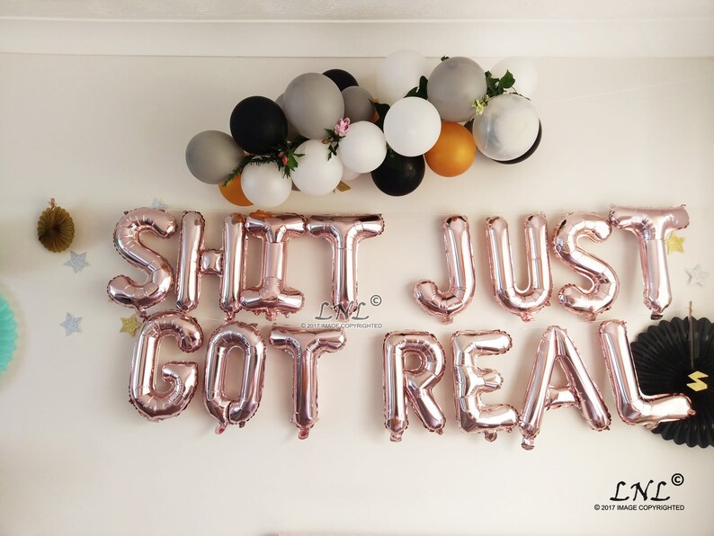 Bridal Letters Gold Balloons SHIT JUST got REAL Rose Gold Balloons Custom Wedding Phrase Balloon Banner Silver Balloons