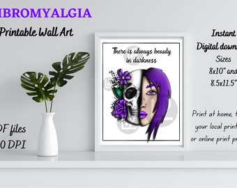 Afdrukbare Wall Art NIEUW - instant digitale download - Fibromyalgie- vrouw/schedel/bloemen (origineel ontwerp) - PDF