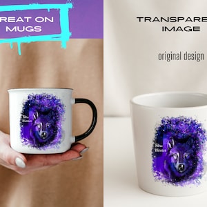 May include: White ceramic mug with a black handle. The mug features a purple and blue watercolor design of a wolf's head with the text "Tribe Warrior" in white.