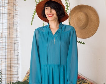 Beautiful 70's Sheer Dress, Vintage Boho Turquoise-Blue Chiffon Flowy Midi Length Dress