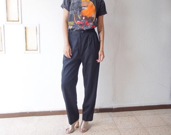 High Rise Black Trousers 28 - 30, 90s Baggy Pleated Waist Pants, Vintage Tailored Tapered Leg Pants Chinos, Size 38/40 (28/40)