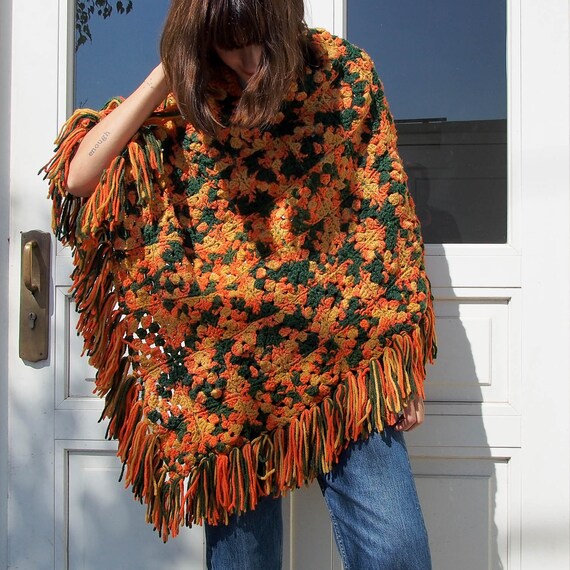 Vintage Poncho, Chunky Crochet Poncho, 70's Chunky