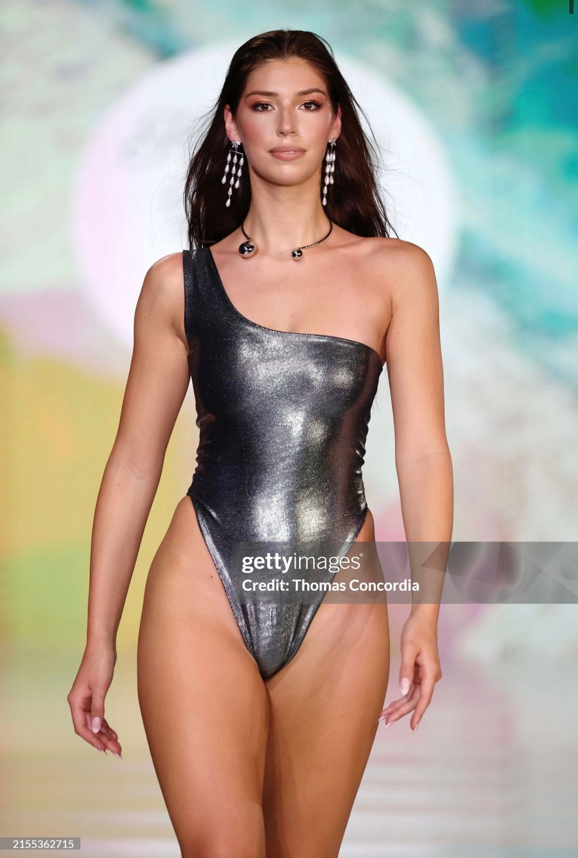 Silver one shoulder metallic swimsuit