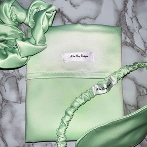 Mint Duchess Satin scrunchie, pillow case and eye mask bundle. Self-care set