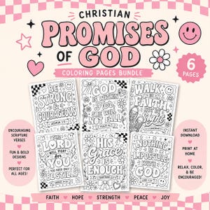 May include: A digital bundle of six Christian coloring pages featuring bold typography and floral motifs. Each page displays scripture verses including Joshua 1:9, Psalm 46:5, 2 Corinthians 5:7, Exodus 14:14, 2 Corinthians 12:9, and Luke 1:37 in black and white.