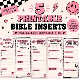 May include: Five printable Bible inserts featuring a pink and black color scheme with checkerboard borders, smiley faces, hearts, and lightning bolts. The text includes headers like Prayer List, Scripture Notes, Sermon Notes, Gratitude, and Quiet Time.