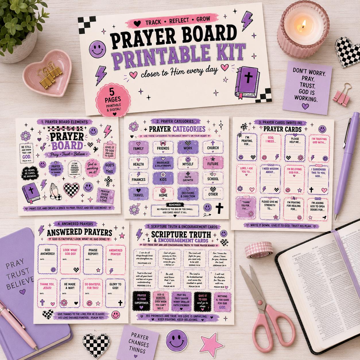 Prayer Board Printable Kit Christian Prayer Cards Prayer Journal & Answered Prayer Tracker Bible Verse Cards Digital Download