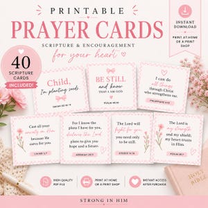 May include: A set of 40 printable prayer cards featuring pink and white checkered borders, floral illustrations, and scripture verses. The text includes phrases like Be Still and Know, I can do all things, and Cast all your anxiety on Him.