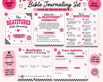 Puede incluir: Un conjunto digital de diario bíblico con cinco páginas imprimibles con bordes de tablero de ajedrez rosa y negro, caras sonrientes, corazones y cruces. El texto incluye The Beatitudes, Bible Journaling Set y varias indicaciones para reflexión, oración y notas en páginas de 21,6 x 27,9 cm.