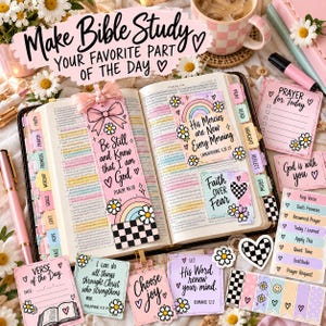 May include: A Bible study kit featuring an open Bible with colorful tabs, a bookmark with a pink bow and the text Be Still and Know that I am God, and various note cards with floral designs, checkerboard patterns, and inspirational quotes.