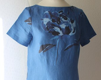 Linen dress, water color pattern in blue, digital printed