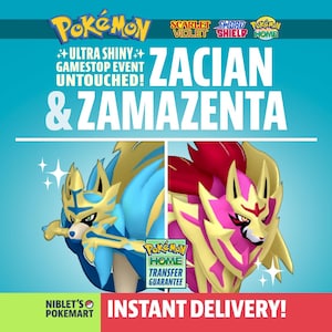 Könnte beinhalten: Werbebild für Pokémon mit Zacian und Zamazenta. Das Bild hat einen tealfarbenen Hintergrund mit dem Pokémon-Logo und dem Text "Ultra Shiny Gamestop Event Untouched!" und "Instant Delivery!"