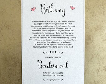 Thanks For Being My Maid Of Honour A4 Personalised Wedding Poem