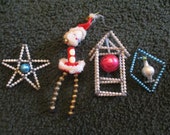 Vintage Antique Czech. Mercury Glass Beaded Christmas Ornaments bobble style santa girl spun cotton felt pipe cleaner poof star house