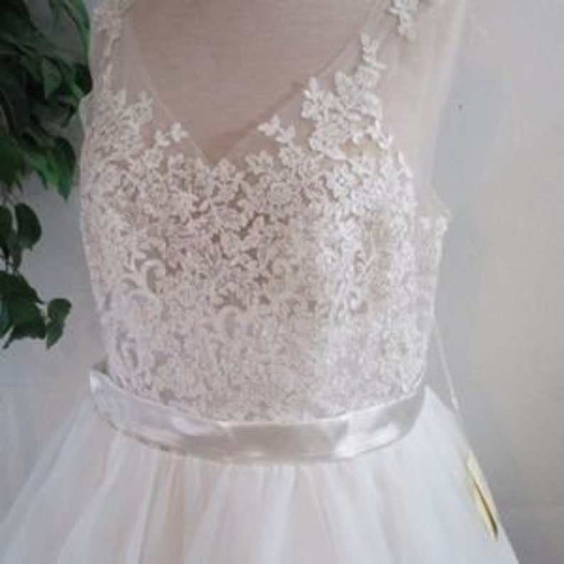 Vintage inspired Sheer Sissy illusion bodice short organza over satin formal wedding dress party shower 14W-16Wr beach wedding gown Plus SZ