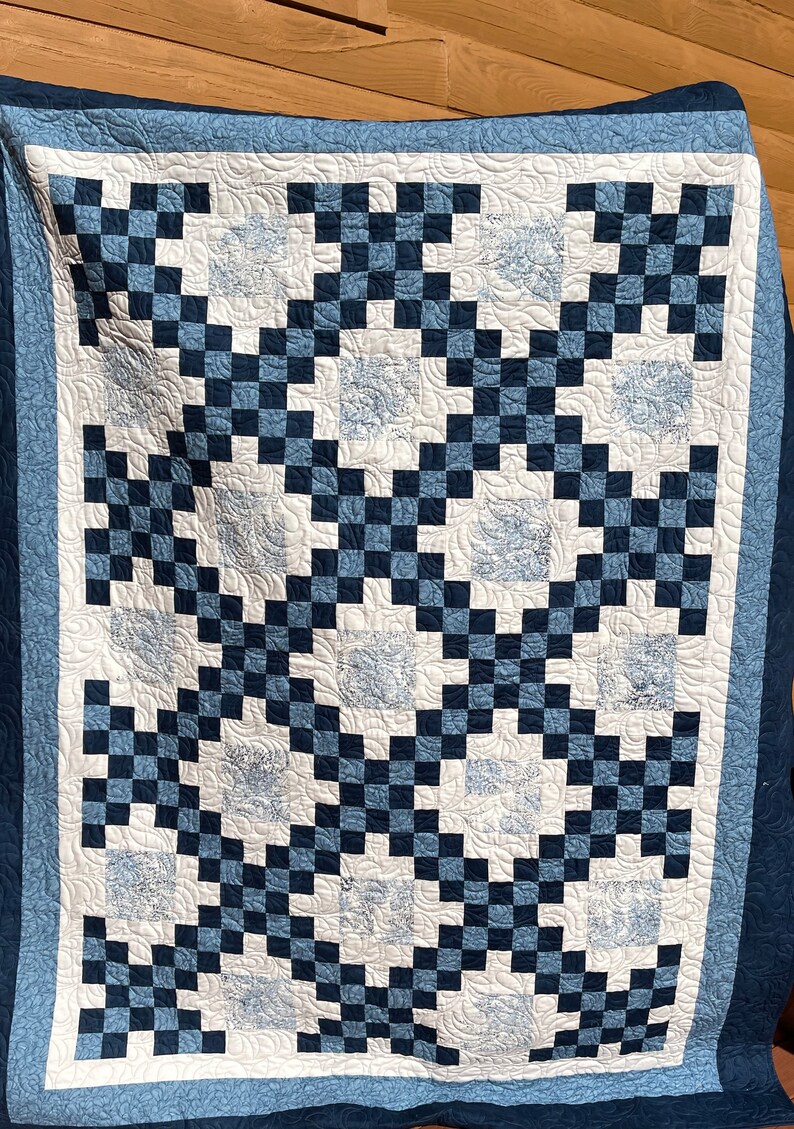 Chase the Blues Away Single Bed Quilt/ Blue and White Irish Chain Quilt