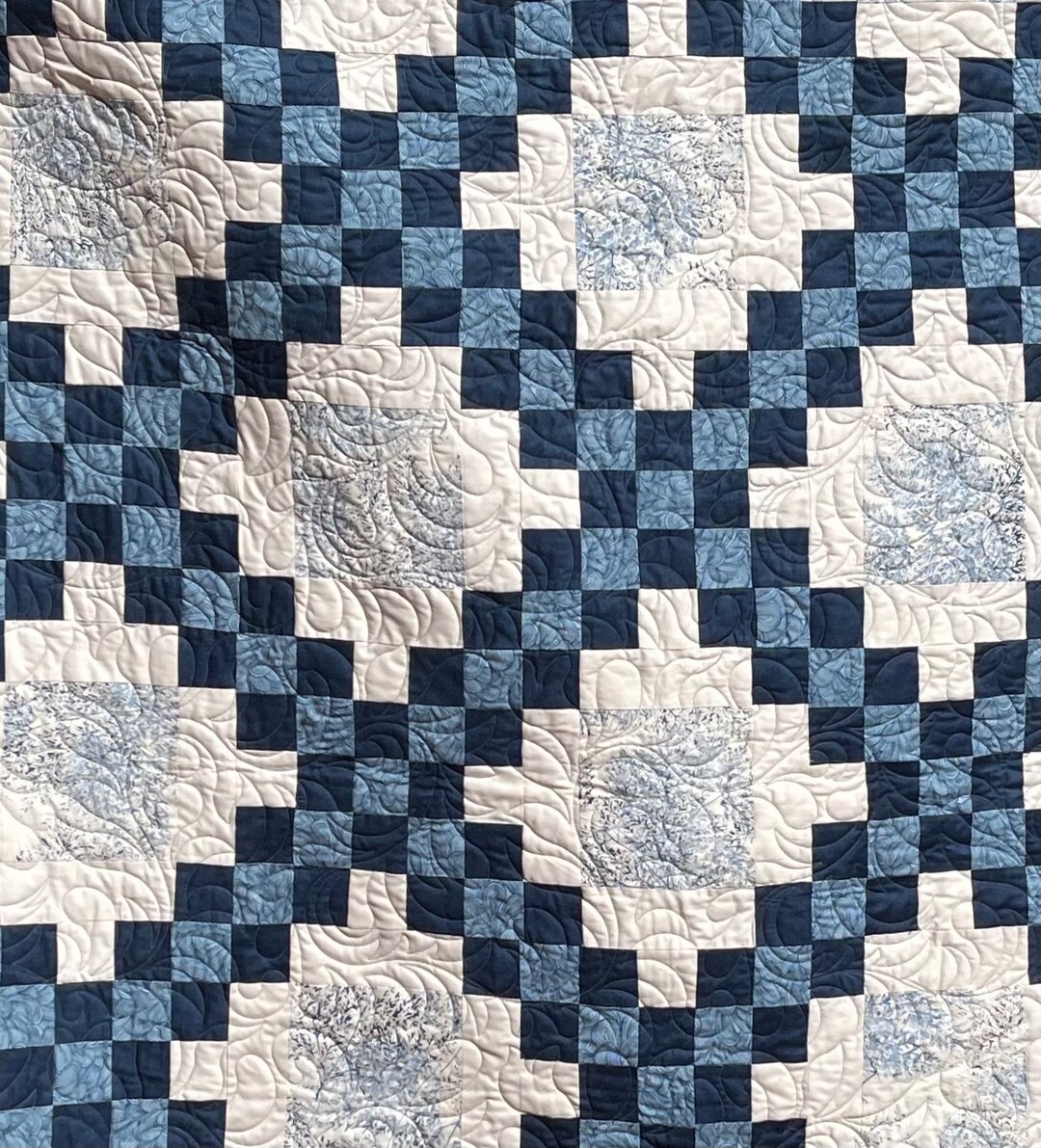 Chase the Blues Away Single Bed Quilt/ Blue and White Irish Chain Quilt