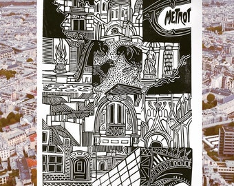 Paris Collage - Original Handmade Linocut Print