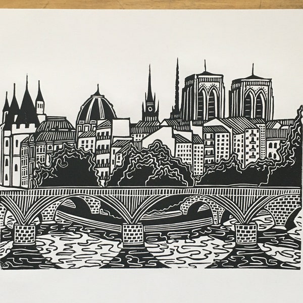 Île de la Cité, Paris - Original Handmade Linocut Print