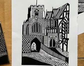 Lord Leycester Hospital, Warwick - Original Handmade Linocut Print