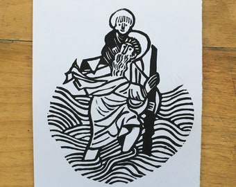 St Christopher - Original Handmade Linocut Print