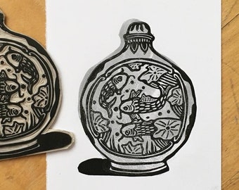 Antique Scent Bottle - Original Handmade Linocut Print