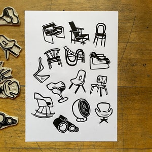 Twentieth Century Chairs - Original Handmade Linocut Print