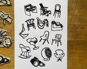 Twentieth Century Chairs - Original Handmade Linocut Print