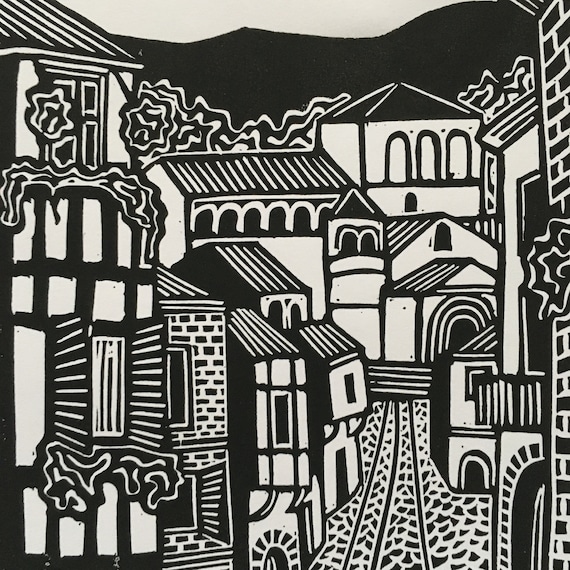 Santillana Del Mar Streets - Original Handmade Linocut Print - Etsy