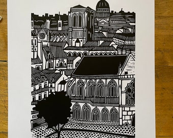 Église Saint-Merry - Original Handmade Linocut Print