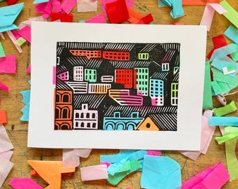 Town View - LIMITED EDITION original handmade linocut print