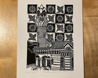 Gaudí, Comillas - Original Handmade Linocut Print