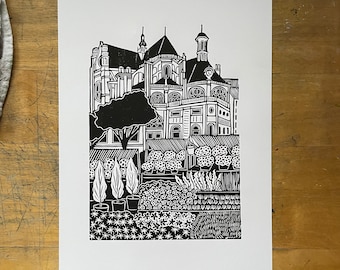 Marché aux Fleurs - Original Handmade Linocut Print