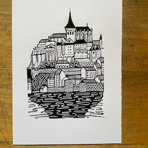A View of Mont Saint Michel - Original Handmade Linocut Print