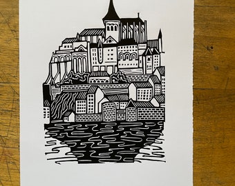 A View of Mont Saint Michel - Original Handmade Linocut Print