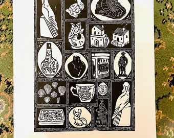 Cabinet of Curiosities - Original Handmade Linocut Print