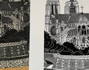 Notre Dame, Paris - Original Handmade Linocut Print